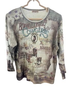 Studio Gem vintage L 3/4 sleeve Y2K embellished western cowgirls rodeo cotton
